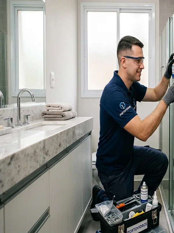 Instalador profissional ajustando perfis de correr em banheiro